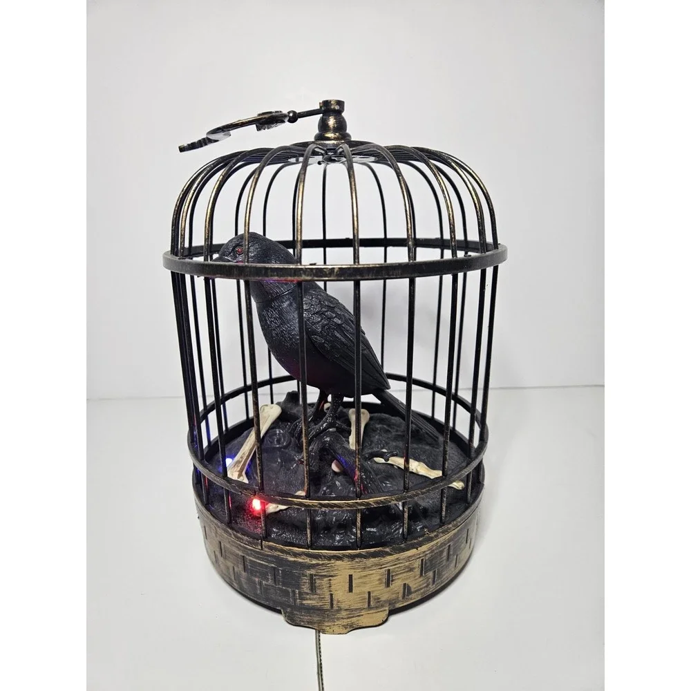 Talking Raven Crow Bird Cage Halloween Prop Decor Home Accents Holiday Animated